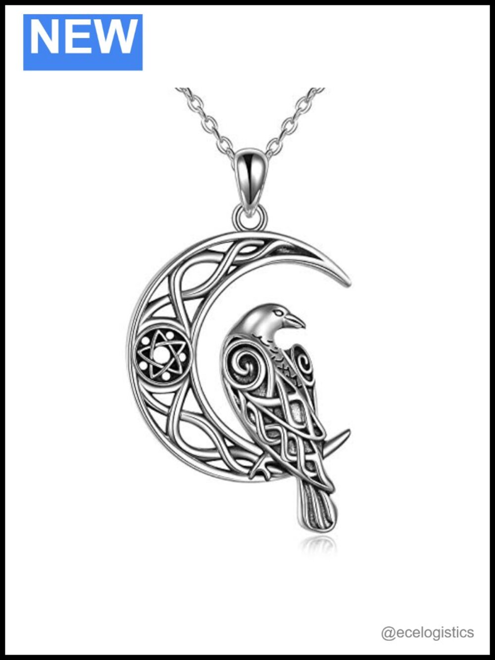 Sterling Silver Celtic Raven Moon Pendant Necklace 18 Inch Cable Chain